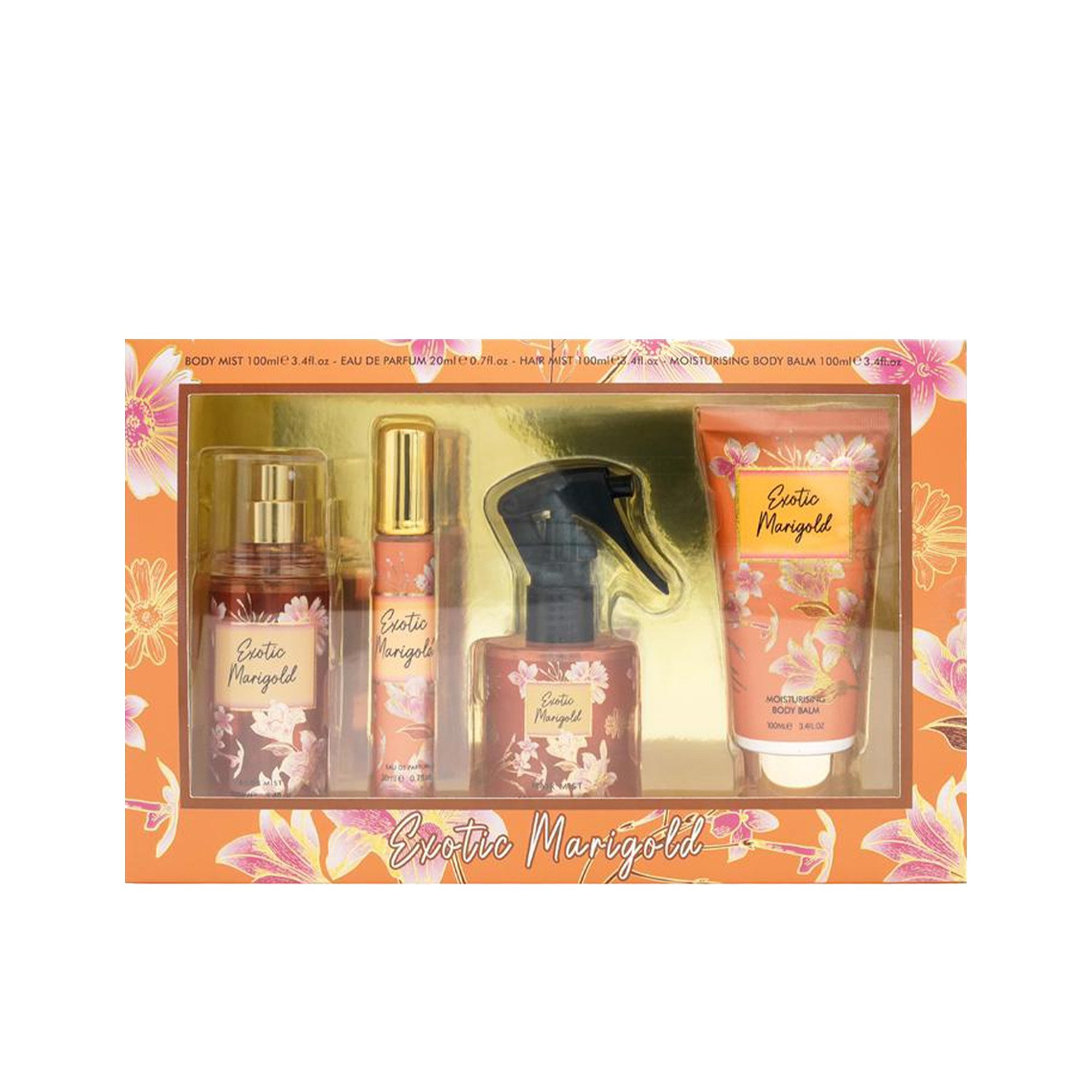 Fine Perfumery Exotic Marigold Body Mist 100ml&EDP Travel Spray&Hair Mist 100ml&Body Balm 100ml Set