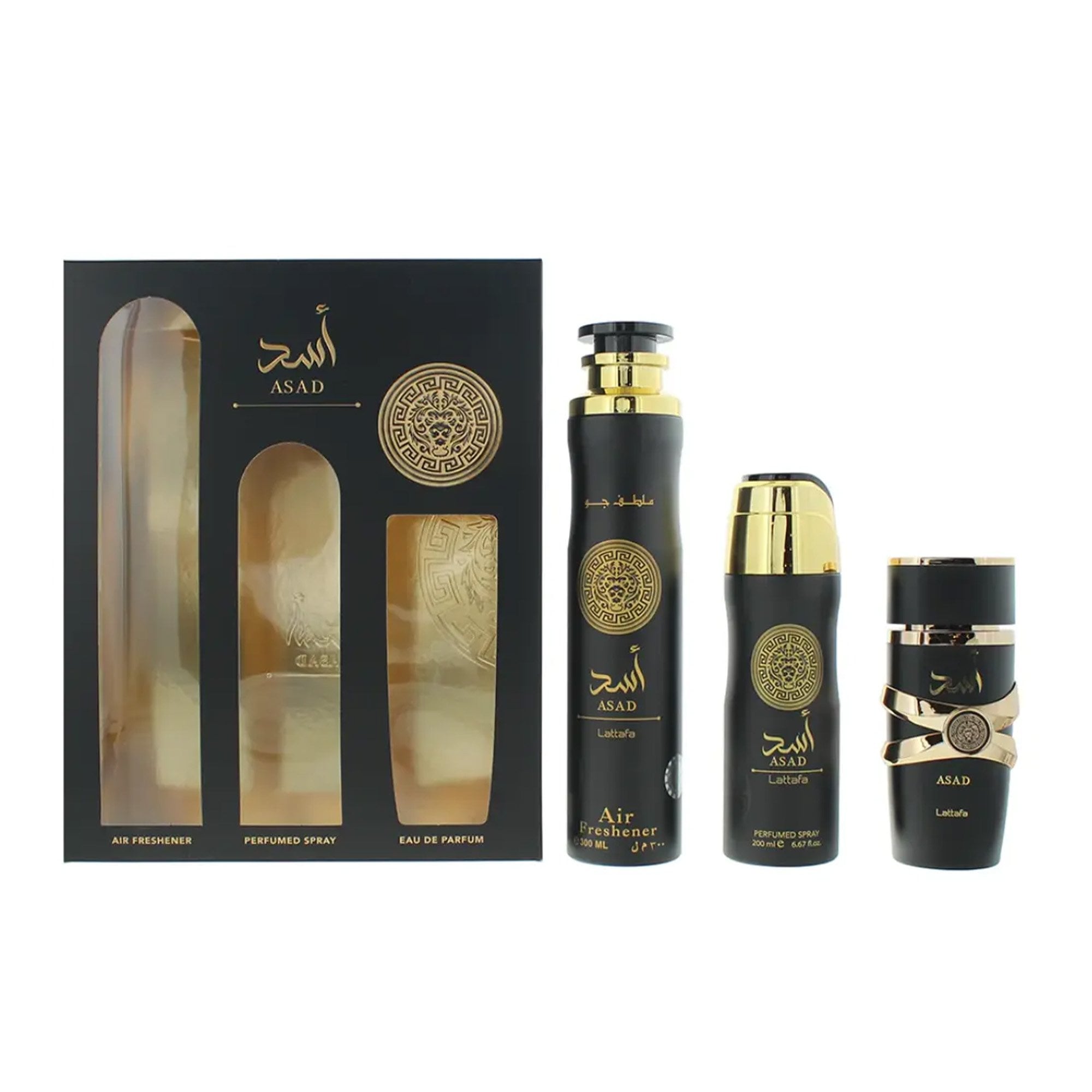 Lattafa Asad Eau De Parfum 100ml & Perfumed Spray 200ml & Air freshener 300ml Gift Set