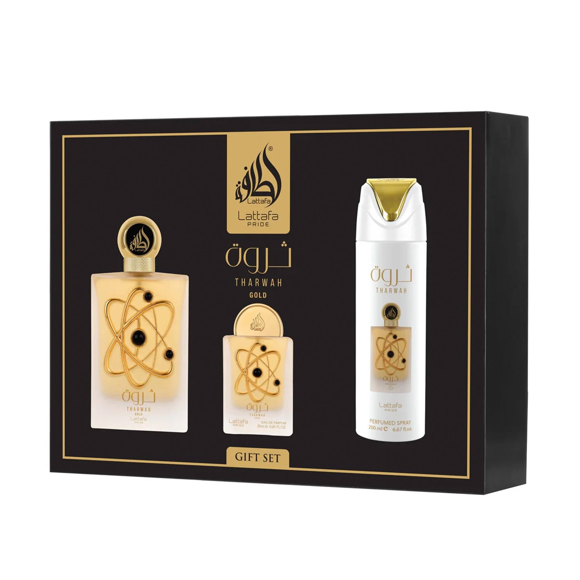 Lattafa Pride Tharwah Gold Eau De Parfum 100ml & Eau De Parfum 20ml, Body Spray 200ml Gift Set