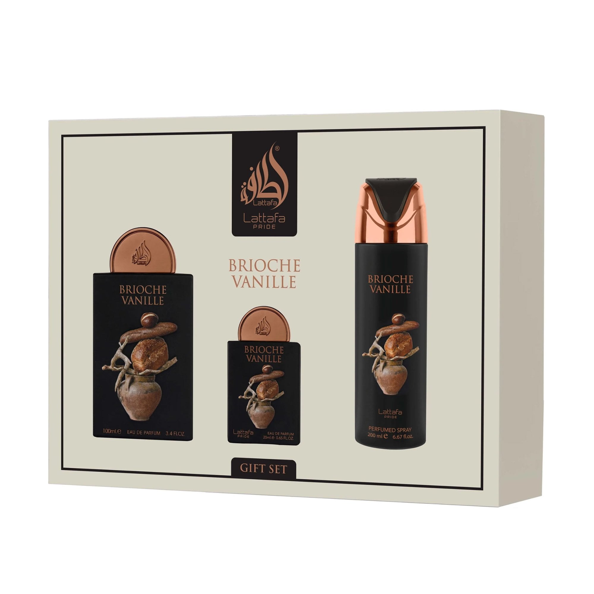Lattafa Pride Brioche Vanille Eau De Parfum 100ml & Eau De Parfum 20ml, Body Spray 200ml Gift Set