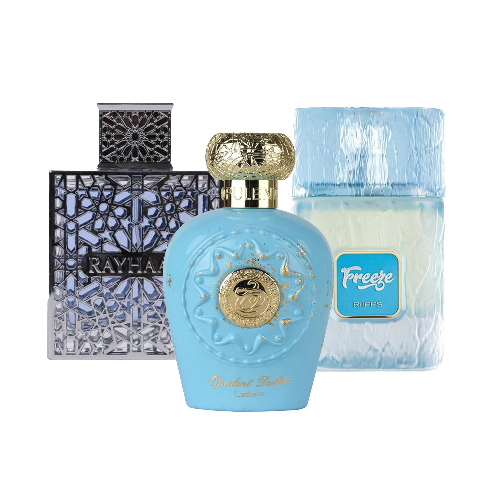 Summer Bundle - RiFFS Freeze Extrait De Parfum 100ml Spray & Rayhaan Aquatica Eau De Parfum 100ml Spray & Lattafa Opulent Dubai Eau De Parfum 100ml Spray