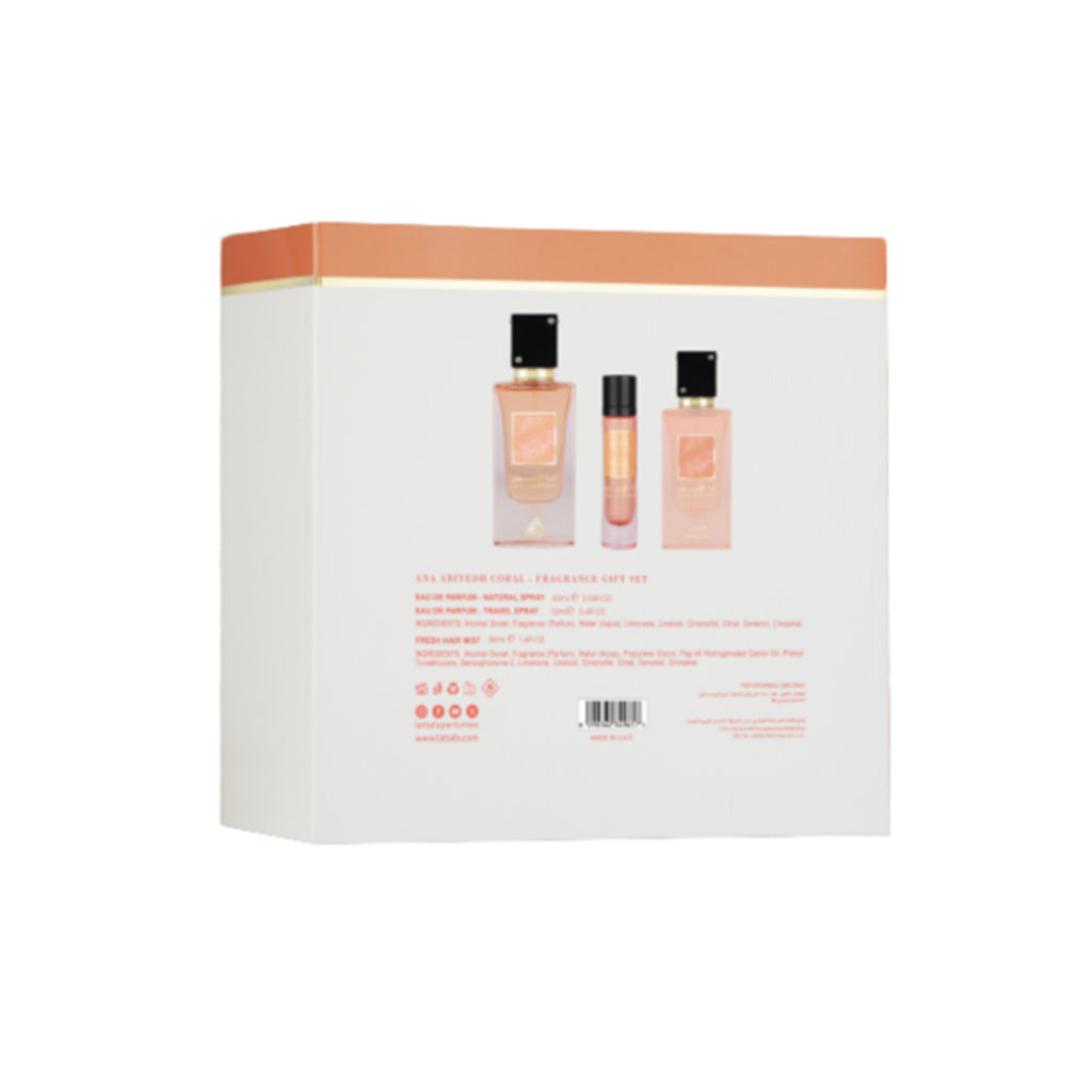 Lattafa Ana Abiyedh Coral Eau De Parfum 60ml & Travel Spray 12ml & Hair Mist 50ml Gift Set